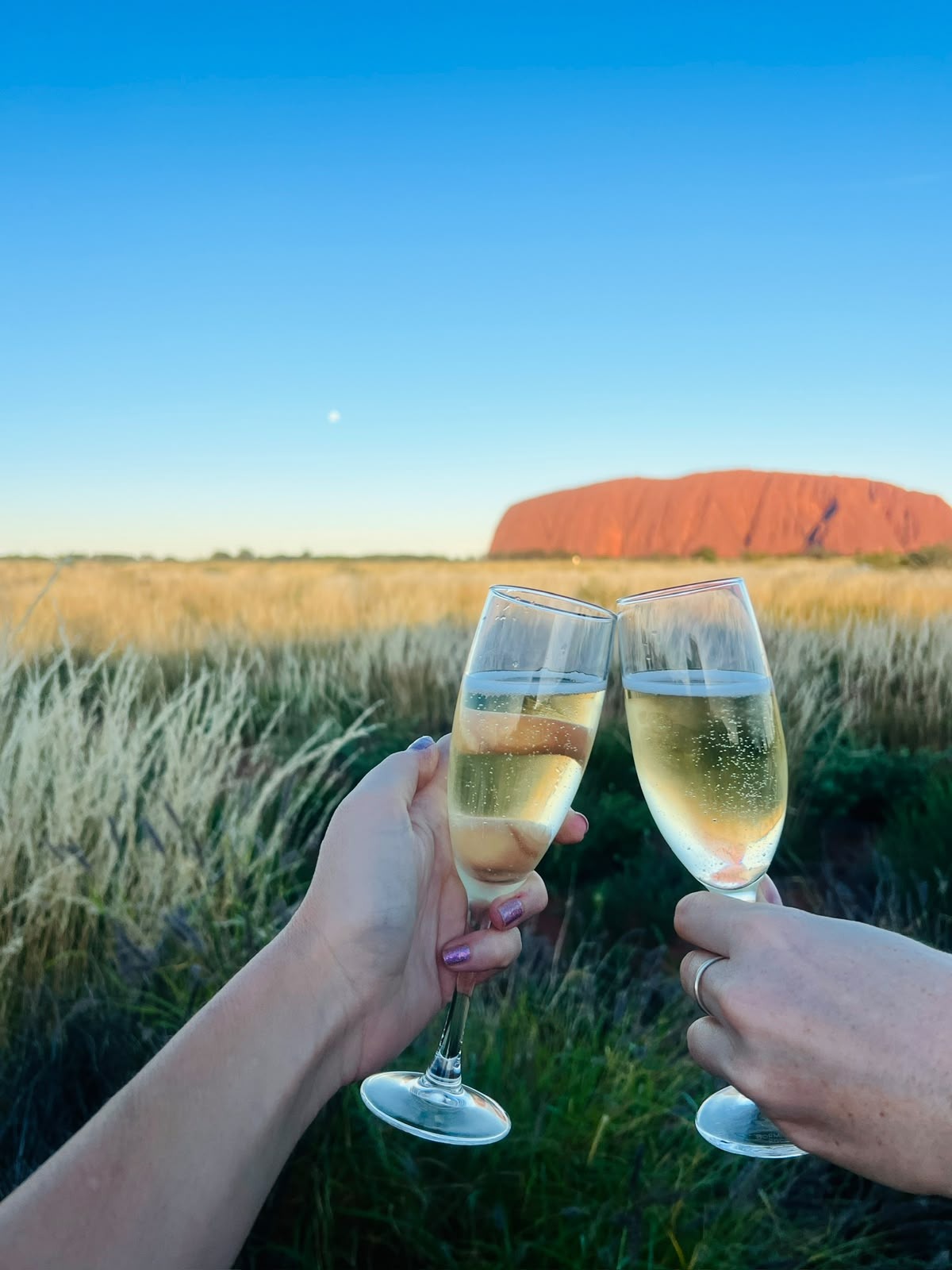 Cheers with bubbles in front of Uluru